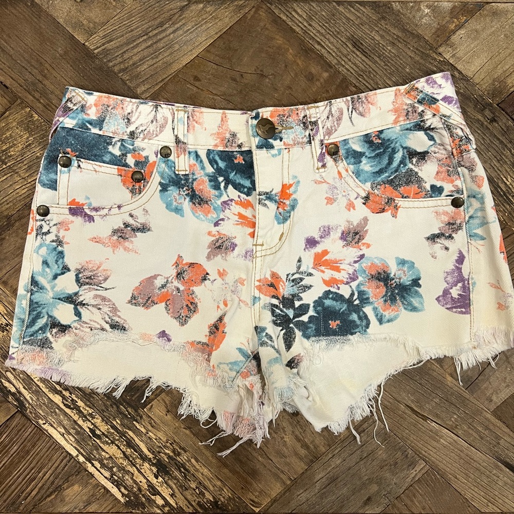 Free People Peony Flowers Denim Shorts